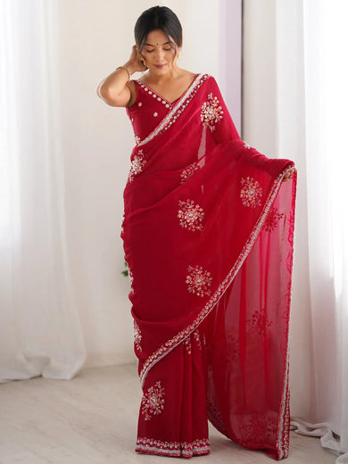 Wonderful Cherry Red Hand Work Satin Bridal Wear Saree With Blouse